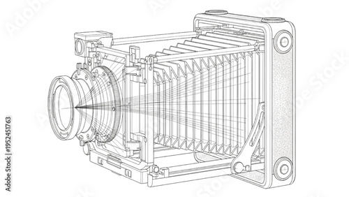 Large format camera perspective, CAD style technical illustration