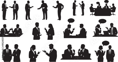 Business people silhouettes in various office settings and actions