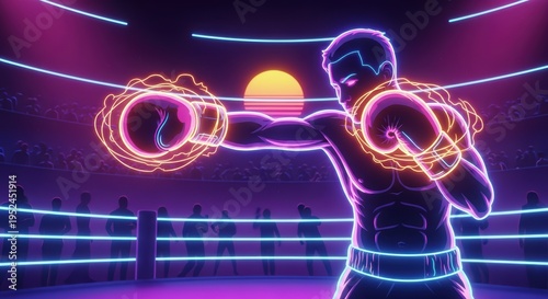 Retro Boxer Neon Light Fight Arena Sunset Synthwave
