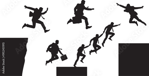 Business people jumping between cliffs in a leap of faith
