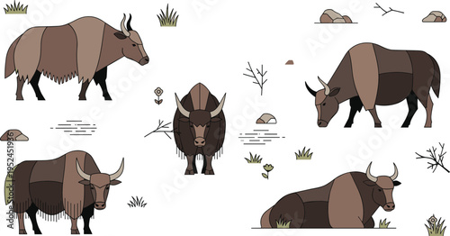 Flat vector illustration set of yaks and wild cattle featuring mountain animals in various poses with rocks, grass, and dry branches for nature design.
