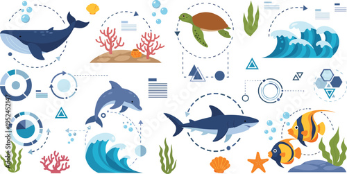 Ocean Ecosystem and Marine Life Vector Illustration Set Featuring Whale, Dolphin, Shark, Turtle, Fish, Coral Reefs, Waves, and Aquatic Infographic Elements for Design.