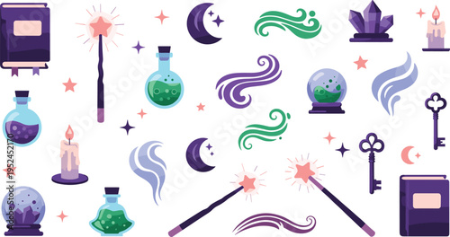 Magical fantasy vector illustration set featuring wizard wands, potion bottles, crystal balls, spell books, candles, and mystical moon symbols for gaming and design.