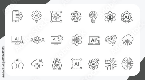 Artificial intelligence outline icons: AI neural brain, data algorithms, generative automation, cloud networks, circuits, collaboration, devices—clean technology vector, editable stroke