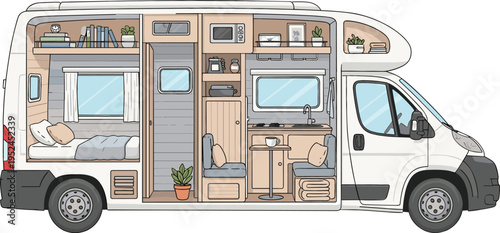 Camper Van Interior Cutaway Vector Illustration Showing Bed, Kitchen, Workspace, Storage, and Living Area Design for Van Life and Travel Lifestyle Projects