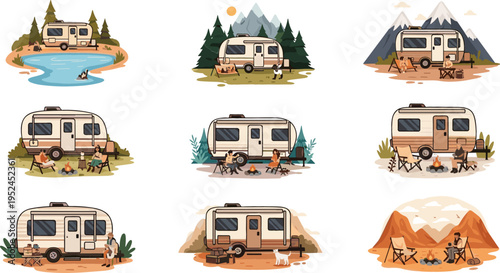 Camping Caravan Scenes Vector Set Featuring Camper Trailers in Mountains, Forest, Lake, and Desert Landscapes for Travel Adventure and Outdoor Lifestyle Design