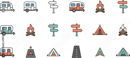Camping Icon Set Vector Collection Featuring Camper Vans, Tents, Campfire, Road Signs, and Outdoor Adventure Symbols for Travel and Nature Design Projects