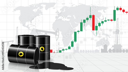 Chart of rising oil prices per barrel. Barrels, puddle of spilled crude oil on map background. Analysis growth of global energy markets. World market review. Investment strategies. Vector
