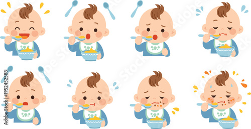 Cute Baby Eating Expressions Vector Set Featuring Toddler Feeding Emotions, Messy Food Faces, and Child Mealtime Reactions for Parenting and Kids Design