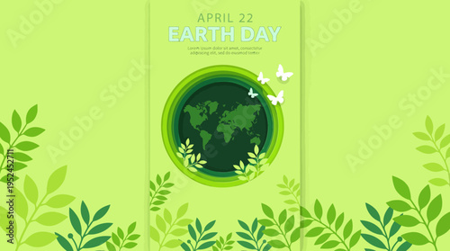 Earth Day poster featuring a green globe, lush foliage, and white birds on a bright lime background to celebrate environmental awareness and sustainability