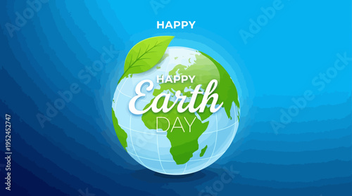 Happy Earth Day concept featuring a stylized globe with green leaves on a blue gradient background