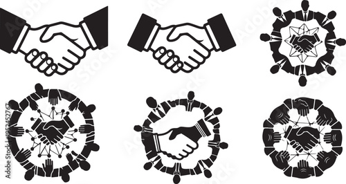 Handshake and heart virus icons in black and white