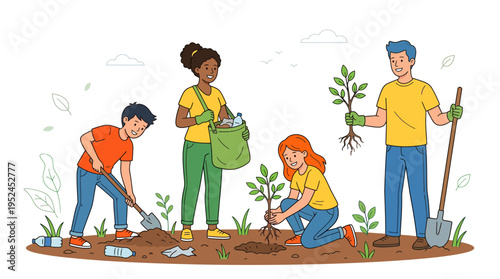 Diverse group of people gardening in a community garden plot, planting seedlings, watering, weeding and tending plants outdoors