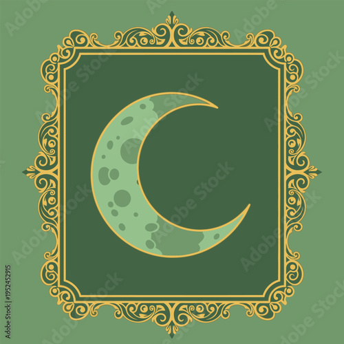 Crescent Moon with Craters in Decorative Frame.