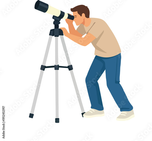 Person Looking Through Telescope Full Body Illustration representing Astronomy, Science Education, and the Wonder of Stargazing Concept
