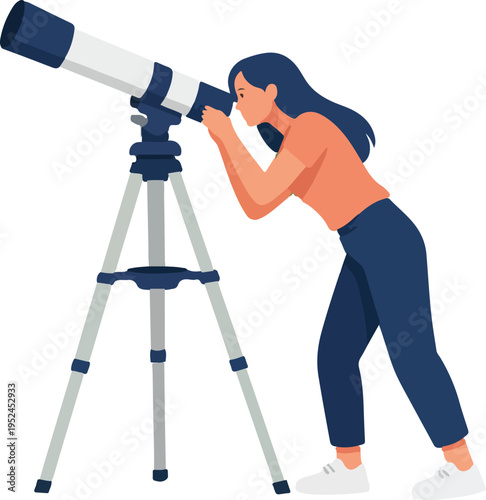 Woman Stargazing With Telescope Full Body Illustration featuring Stargazer with Tripod Mounted Refractor for Amateur Astronomy and Night Sky Hobby Design