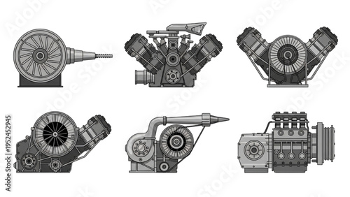 Wankel rotary engine icons set, flat vector detailed illustration