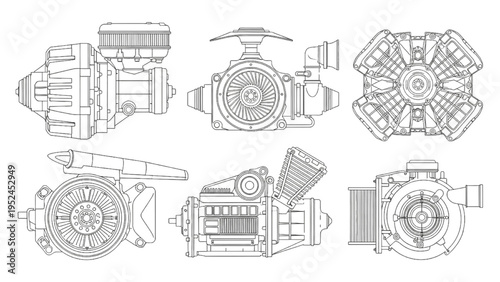 Wankel rotary engine icons set, CAD technical line drawings
