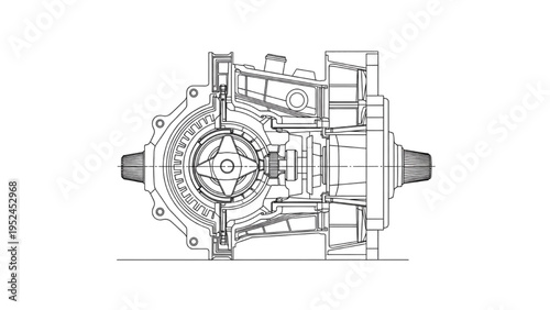 Wankel rotary engine side section, CAD technical 2D drawing
