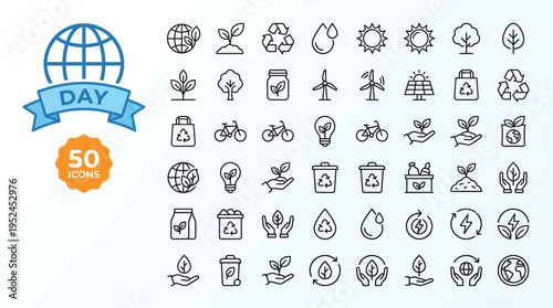 Collection of 50 hand-drawn monochrome outline icons featuring nature, weather, travel, and everyday objects.