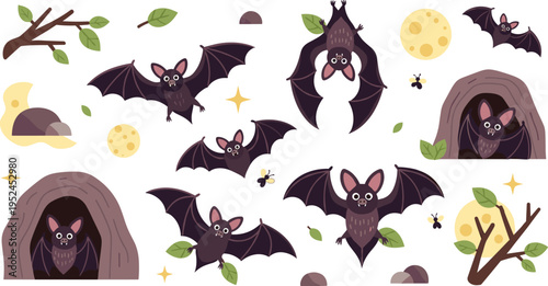 Flat vector illustration set of bats in habitat featuring flying poses, hanging positions, caves, full moons, and branches for nocturnal wildlife design.