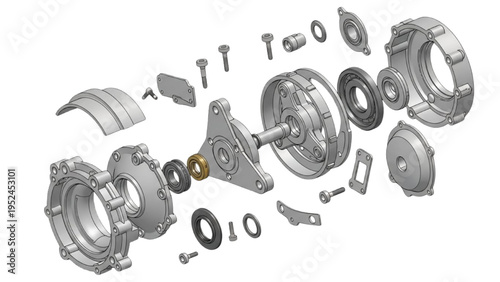Wankel rotary engine exploded view, CAD detailed technical illustration