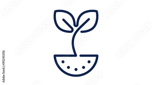 Minimal line-art illustration of a sprouting seedling in a pot, symbolizing growth, gardening, sustainability, and eco-friendly living.