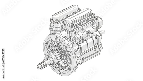 Wankel rotary engine front view, CAD technical illustration
