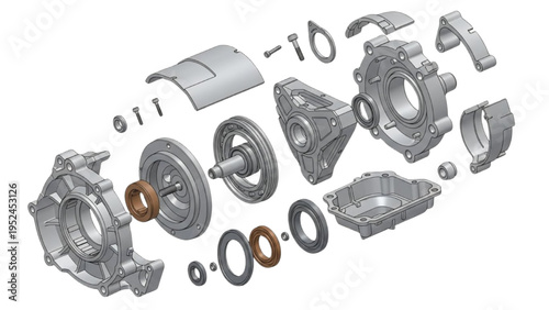 Wankel rotary engine exploded view, CAD detailed technical illustration