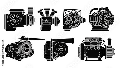 Wankel rotary engine icons set, flat vector silhouette collection