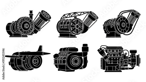 Wankel rotary engine icons set, flat vector silhouette collection