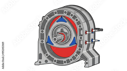 Wankel rotary engine color diagram, CAD technical illustration
