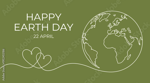 Happy Earth Day 22 April - World Map Line Art with Heart Motif on Green Background