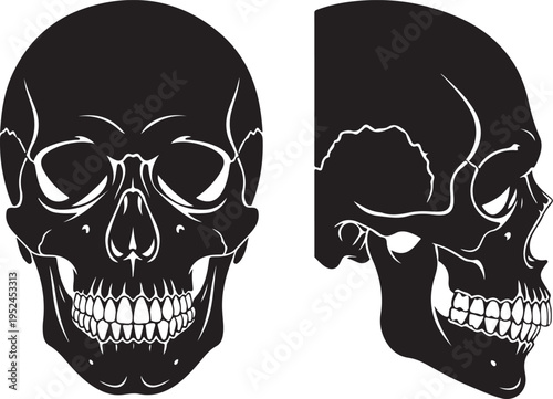 Human black skull in profile and full face isolated on white background. Vector illustration in flat style