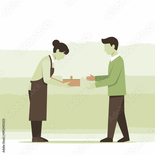 Customer receiving a gift from a shopkeeper.