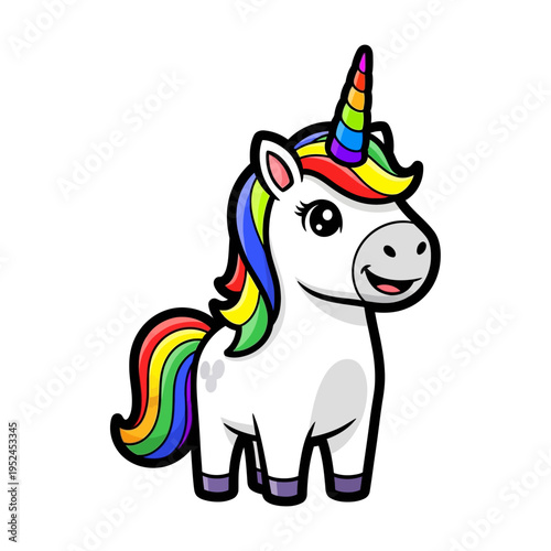 Cute cartoon unicorn with rainbow mane and tail, white background