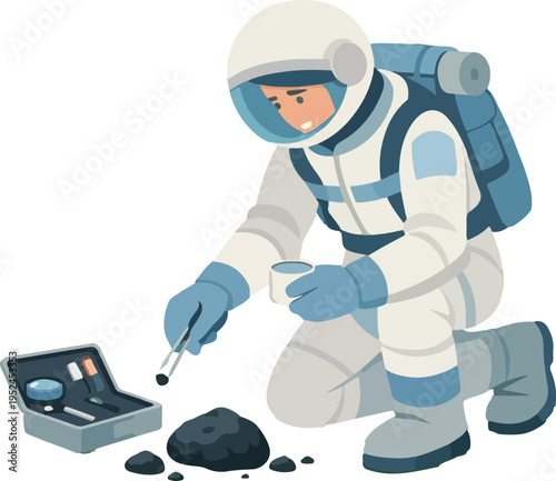 Scientist Picking Up Space Rock Full Body Illustration featuring Researcher in Protective Field Gear Collecting Meteorite for Geological and Space Science Exploration