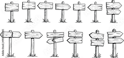 Hand-Drawn Wooden Signposts Vector Set: Rustic Directional Boards for Guides, Messages, and Informational Design Elements.