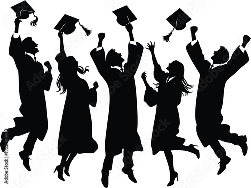 Graduation caps tossed in the air by silhouetted students in academic robes celebrating achievement and success isolated on white