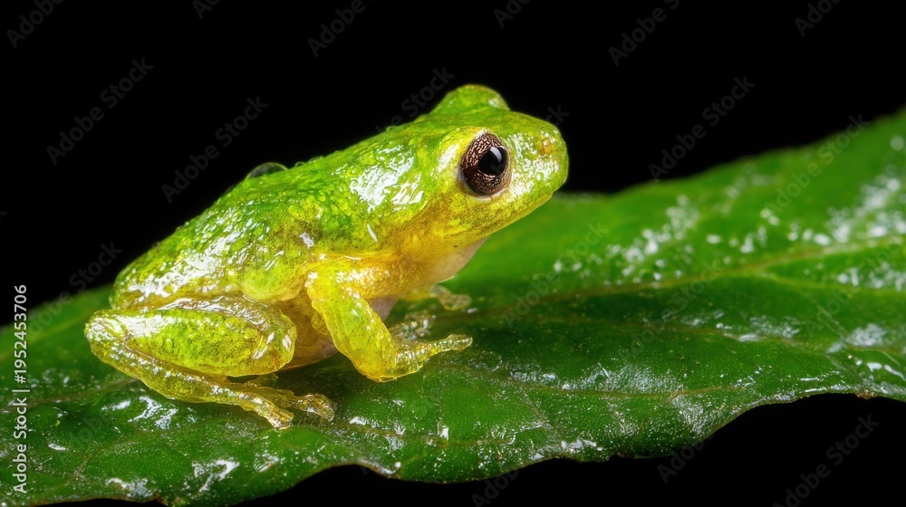 Obraz premium Tiny vibrant green frog with dew drops perched on a wet leaf in its natural habitat