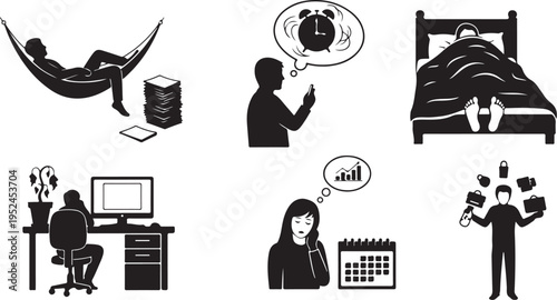 Daily Life and Time Management Silhouette Icons Set Black