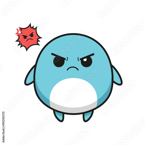 Cute Cartoon Blue Angry Monster Character with Red Exclamation Mark
