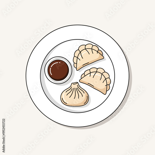Hand-drawn illustration of dumplings and dipping sauce on a white plate, Asian cuisine concept