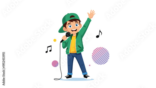 Talented young boy holding a microphone and singing with passion while musical notes float around him in the air.