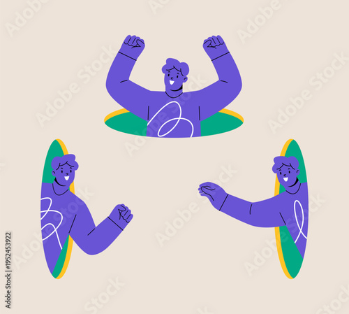 Happy enthusiastic lively men. Search, explore concept. Colorful vector illustration