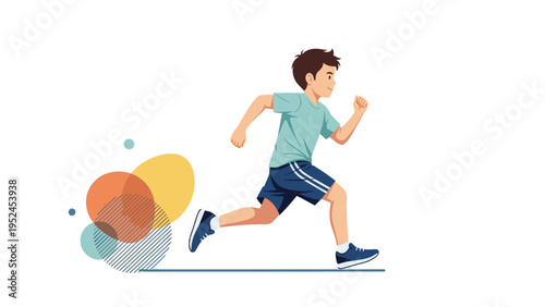Young boy in sports apparel runs quickly across a white background with colorful abstract shapes behind him to signify speed.