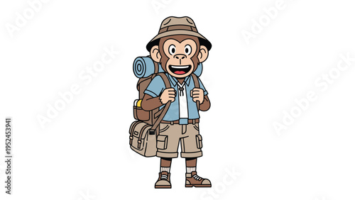 Friendly cartoon monkey dressed as a mountain explorer wearing a hat and carrying a large backpack ready for an outdoor adventure.