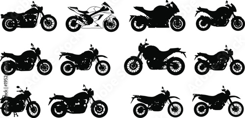 Motorcycle silhouettes collection, sport cruiser and off road bikes, modern motorbike designs, urban transport vehicles, isolated black illustration set