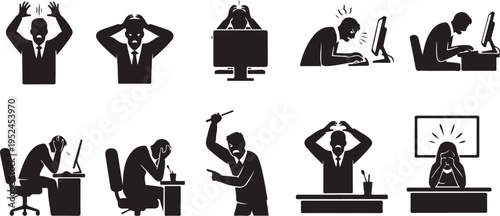 Businessman Office Stress Frustration Silhouette Icons Set Vector Graphic