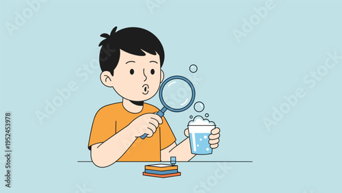 Young boy explores science by blowing bubbles into a glass of water and examining them through a large blue magnifying glass.